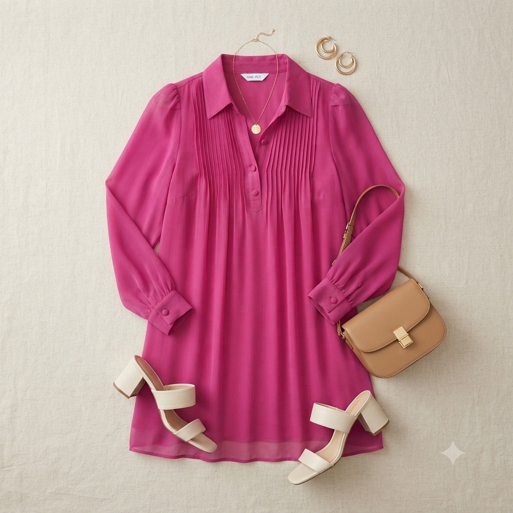 Nine West Shirt Dress Womens S Pink Pleated Bib Chiffon Long Sleeve Mini Boho
